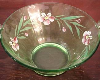 860 - Green Two Handled Painted Bowl 8 Inches in diameter
