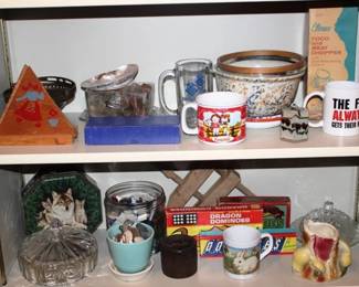 478 - 2 Shelves of Assorted Items Candy Dish, Mugs, Butter Dish
