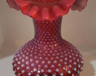 772 - Fenton opalescent cranberry hobnail vase 10"
