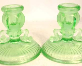 836 - Vintage pair Fenton dolphin candleholders green, Uranium glass
