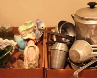 552 - 2 Tray Lots of Assorted Items Coffee pot , Dipper, Alum Shaker
