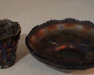 768 - Carnival glass toothpick holder & bowl
