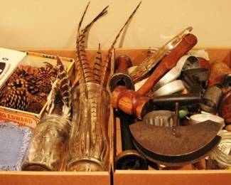 539 - 2 Trays of Assorted Items Feathers, Pine Cones, Wood Hammer
