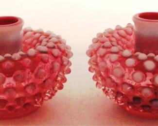 798 - 2pc Fenton Cranberry Opal Hobnail Candle Holders 4 Inches Tall
