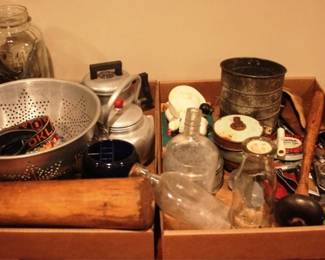 546 - 2 Tray Lots of Assorted Items Colander, Sifter, Bottles

