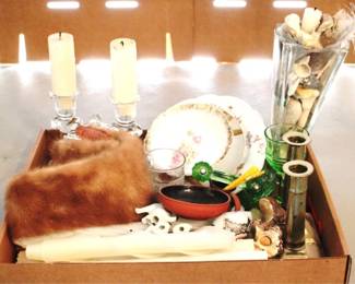 847 - Tray Lot of Assorted Items Fur, Candlesticks etc
