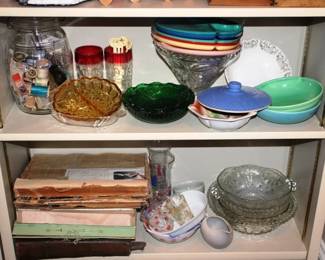 493 - 2 Shelves of Assorted Items Sewing Spools, Glassware, Divided Plates

