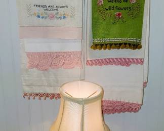 Bunny lamp, embroidered tea towels