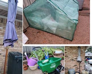 One of two green houses, outdoor pillows, spreader and watering cans, 2 standing umbrellas