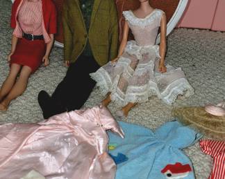 1960s Bubble Hair Barbie, Red Suit Barbie and Business Ken.  Barbie Clothes: Ken's Swimsuit Set, formal pink gown and sundress