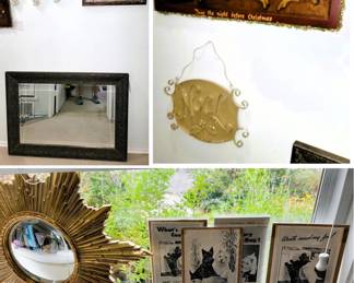 Antique advertisements, small gold starbust frame mirror, large mirror, Christmas Wood wall decor, carved wood decor