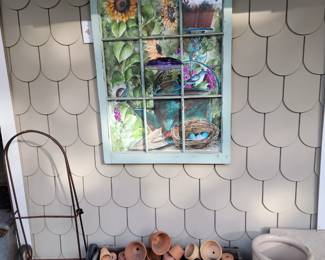 Patio Decor, pots and crocs. Decorative window plus stain glass and plain windows 
