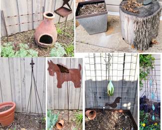 Garden Decor. Wood log table, iron dog decor, trellis, and fun garden art and decor