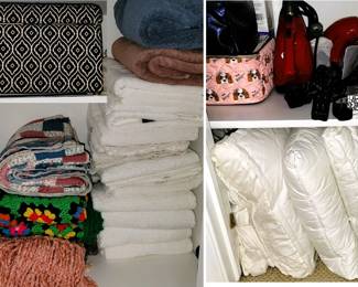 Linens: towels, Afghans, blankets, bed pillows, bathroom items, sheets