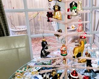 Antique to newer buttons, old Christmas trees, glass dog ornaments