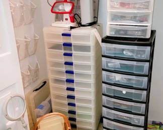 Jewelry making tools and storage container.  Large storage tubs with lids, baskets, magnifiers, craft towers, lighting 