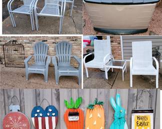 Yard art signs, old gate, tall side chairs with table, Rubbermaid storage, Chair set, 6 stacking chairs