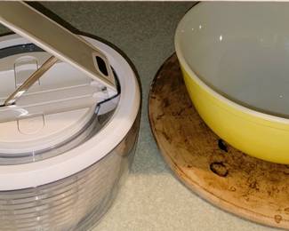 Kitchen tools, stoneware and large yellow Pyrex mixing bowl