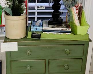 Chalk painted retro chest, wood organizer, lamps and crocks. Chest $60 Thursday or $40 Friday