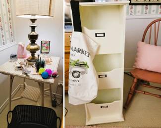 Ratan side table, vintage organizer, chalk painted rocking chair, child size chair and wood benches plus home decor