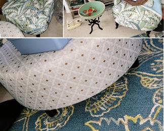 Slipper chair set, area rugs and runners,  large round ottoman. Antique shelf full of old garden books