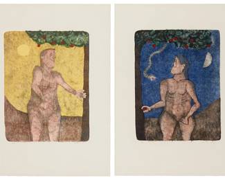 2022
Rufino Tamayo
1899-1991
"Adam" And "Eve" From The "Tamayo 90 Anniversario Suite," 1989-90
Each lithographs in colors on paper
Two works:

Edition of each: 27/110
Each signed and numbered in the lower margin: Tamayo; with printer, publisher, and artist blindstamps in the lower margin; Kyron, Mexico City, prntr.; B/M Ediciones y Arte, Mexico City, pub.
Image of each: 26" H x 20" W; Sheet of each: 40.25" H x 29.75" W
Estimate: $3,000 - $5,000