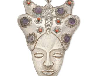 2171
A Mexican Silver And Amethyst Brooch
Mid-20th century
Stamped: Mexico / Silver
A repoussé backed silver portrait brooch with incised details and set amethyst and coral accents
3.875" H x 2.75" W
42.8 grams gross
Estimate: $400 - $600