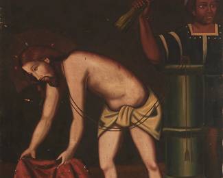 2045
Spanish Colonial School
Jesus bound
Oil on canvas laid to canvas
Unsigned
42.25" H x 32.5" W
Estimate: $600 - $800