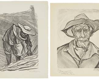 2184
Pablo O'Higgins (1904-1983)
Two works:

"Labriego," 1950
Lithograph on paper
Edition: 4/18
Signed, dated, and numbered in graphite in the lower margin: Pablo O'Higgins; titled on a gallery label affixed to the verso of the overmat; Taller de Grafica Popular, Mexico City, Mexico, pub.
Image: 21.375" H x 12.625" W; Sheet: 25.625" H x 19" W

"El Viejo," circa 1952
Lithograph on paper
Edition: 12/60
Signed, numbered, and inscribed in graphite in the lower margin: For / Miriam and Victor / con un Fuerte abrazo / de Pablo y Maria; titled on a gallery label affixed to the verso of the overmat; Taller de Grafica Popular, Mexico City, Mexico, pub.
Image: 17.5" H x 13.375" W; Sheet: 21.625" H x 17.75" W
Estimate: $600 - $800