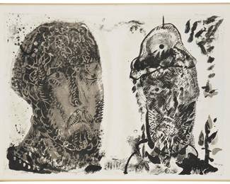 2198
Jose Luis Cuevas
1934-2017
"Van Gogh's Criminal Obsession," From The Portfolio "Crime By Cuevas," 1968
Lithograph in colors on thin wove paper
Edition: XIV/XXV
Signed and dated in pencil near the lower edge, at right: Cuevas; numbered in pencil near the lower edge, at center.
Image/Sheet: 22" H x 30" W
Estimate: $400 - $600