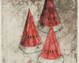 2079
Rufino Tamayo
1899-1991
"Pasteque #2" From The "Mujeres" Series, 1969
Lithograph in colors on wove paper
Edition: 59/150
Signed and numbered in pencil in the lower margin; Atelier Desjobert, Paris, prntr. Touchstone Publishers, New York, pub.
Image: 27.375" H x 20.875" W; Sight 28.5" H x 22" W
Estimate: $1,500 - $2,500