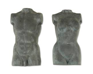 2172
Victor Salmones
1937-1989
Male And Female Hanging Torsos
Patinated bronze
Each signed: Salmones; female marked: T-17-V; male marked: T-16-V
Male: 31" H x 17" W x 5.325" D; female: 30" H x 15.5" W x 6.25" D
Estimate: $2,000 - $4,000