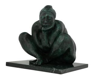 2146
After Francisco Zúñiga
1912-1998
"Mujer Desnuda Sentada," 1975
Cold-painted bronze on marble plinth
Edition: 4/7
Signed, numbered, and dated in the casting: Zúñiga / 75 / IV/VII
13.75" H x 14.25" W x 14.25" D
Estimate: $800 - $1,200
