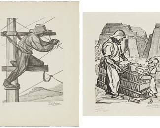 2185
Pablo O'Higgins (1904-1983)
Two works:

"Brick Layer, Valley of Mexico," 1946
Lithograph on paper
From the edition of 200
Signed, dated, and inscribed in graphite in the lower margin: Pablo O'Higgins / For Ruby / a salvo de / Mexico, Pablo; titled on a gallery label affixed to the back mat; Taller de Grafica Popular, Mexico City, Mexico, and Associated American Artist's, New York, NY, pub.
Image: 14" H x 11.125" W; Sheet: 17.5" H x 15.125" W

"Electrizion," 1953
Lithograph on paper
Edition: 33/50
Signed, dated, and numbered in graphite in the lower margin: Pablo O'Higgins; titled on a gallery label affixed from the verso of the overmat; Taller de Grafica Popular, Mexico City, Mexico, pub.
Image: 17.75" H x 13" W; Sheet: 26.125" H x 19.875" W
Estimate: $600 - $800