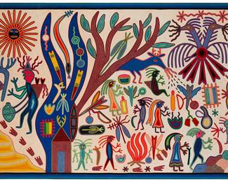 2086
Fermin Gonzalez Rios
b. 20th century
La Historia Del Arbol Del Viento Kieri [Story Of The Wind Tree/Kieri], Circa 2000
yarn on plywood
Signed, titled, and with inscription in ink verso
A Huichol yarn painting worked in polychrome yarn depicting multiple spiritual figures, animals, plants and symbols, adhered to plywood
32" H x 48" W x 1" D
Estimate: $800 - $1,200