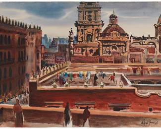 2074
Milford Zornes
1908-2008
"Cathedral De Mexico," 1956
Watercolor on thick paper
Signed and dated lower right: Milford Zornes; inscribed indistinctly in ink, verso; titled on the frame's cardboard backing, possibly in another hand
Image/Sheet: 22.125" H x 31" W
Estimate: $400 - $600