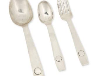 2106
Three William Spratling "Disco" Sterling Silver Flatware Utensils
William Spratling (1900-1967)
Circa 1965-1967, Third Design Period; Taxco, Mexico
Each stamped for William Spratling and sterling with WS script marks; further stamped: [Eagle 63]
Comprising a large spoon (7.25") and a conformingly designed child's set of fork and spoon (each: 5.75"), 3 pieces
4.9 oz. troy approximately
Estimate: $400 - $600
