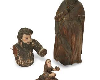 2062
18th/19th century
Three Carved Wood Santos Figures
Each appears unmarked
Three polychrome carved and painted wooden santos figures in various poses, including a seated moveable figure with glass eyes, a partial torso of a bearded figure with glass eyes, and a tall robed figure, 3 pieces
Largest: 32.5" H x 11" W x 9" D; Smallest: 10.5" H x 6.75" W x 10" D approximately
Estimate: $400 - $600