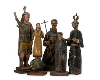 2057
18th/19th century
A Group Of Carved Wood Santos Bultos Figures
Each appears unmarked
Comprising five polychrome carved and painted wood devotional bultos figures, including a standing figure of St Michael the Archangel, a Franciscan figure, a blue-robed saint with a crown, a figure with crucifix staff and ornate painted robes, and a yellow-robed figure atop a green sphere, 5 pieces
Largest: 20" H x 6.625" W x 4" D; Smallest: 12.5" H x 5.25" W x 3.5" D
Estimate: $500 - $700