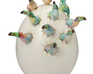 2124
Sergio Bustamante
b. 1949
Egg And Toucans
Painted ceramic
From the edition of unknown size
Signed under a toucan
22.5" H x 16" W x 18" D
Estimate: $300 - $500