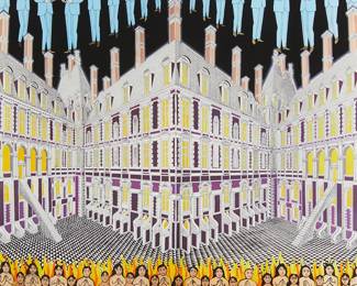 2096
Pedro Friedeberg
b. 1936
"El Infierno Son Los Otres"
Giclee in colors on paper
Edition: X/XII
Signed and numbered in pencil, with the artist's authentication ink stamp in the lower margin: Pedro Friedeberg; signed again, titled, dated, and inscribed, all printed in the image near the lower edge, at left
Sight: 28" H x 27" W
Estimate: $700 - $900