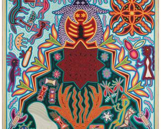 2085
Fermin Gonzalez Rios
b. 20th century
Praying To The Spirits, Circa 2000
yarn on plywood
Signed in ink verso
A Huichol yarn painting worked in polychrome yarn depicting multiple spiritual figures, animals, plants and symbols, adhered to plywood
48" H x 48" W x 1.25" D
Estimate: $800 - $1,200