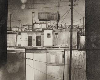 2003
Hugo Crosthwaite
b. 1971
"Abarrotes Fresa - Tijuana Cityscape #3," 2003
Graphite on paper
Signed and dated in pencil at the lower right: H. Crosthwaite
Sight: 7.75" H x 7.75" W
Estimate: $800 - $1,200