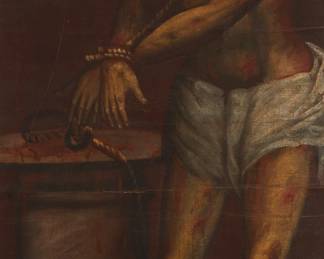 2046
Spanish Colonial School
Jesus bound
Oil on canvas laid to cardboard
Unsigned
47" H x 20.75" W
Estimate: $600 - $800