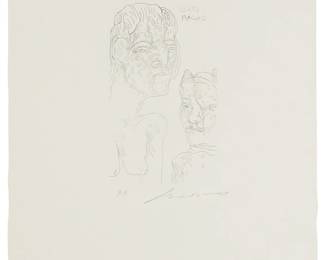 2197
Jose Luis Cuevas
1934-2017
"Gato Macho," Circa 1990
Etching on paper
Edition: A printer's proof aside from the edition of unknown size
Signed and inscribed PP in pencil in the lower margin: Cuevas
Plate: 9.5" H x 5.625" W; Sheet: 23.5" H x 16" W
Estimate: $400 - $600