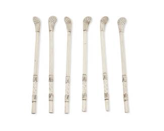 2068
Early 20th century
Six South American Silver Yerba Mate Straws
Each appears unmarked
The hollow-bodied spoons with perforated ends with chased and applied foliate motifs, 6 pieces
Each: 7.5" L
3.1 oz. troy approximately
Estimate: $200 - $400