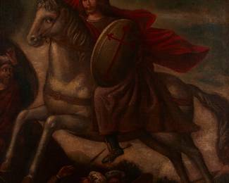 2043
18th Century Cuzco School
"Portrait of Santiago Matamoros"
Oil on canvas laid to canvas
Appears unsigned; titled by repute
52" H x 39" W
Estimate: $8,000 - $12,000