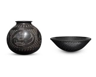 2157
Two Mexican Mata Ortiz Blackware Pottery Vessels
Two works:

Mariano Quezada (b. 20th century)
A carved low bowl, late 20th/early 21st century
Incised to underside: Mariano Quezada
The bowl with allover concentric incised geometric designs
5" H x 14.75" Dia.


Cesar Buyarini (b. 20th century)
A large pottery olla, late 20th/early 21st century
Incised to underside: Cesar Buyarini
The globular olla with avian, reptilian, and banded geometric motifs
11.325" H x 12" Dia.

2 pieces
Estimate: $300 - $500