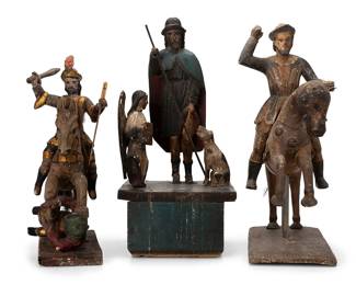 2061
18th/19th century
Three Carved Wood Santos Figures
Each appears unmarked
Three polychrome carved and painted wooden santos figures in various poses, including a travelling figure with a dog, confronting a protective angel proclaiming: "Eres en Peste / Patrono Vous" [likely warning he has sickness or plague], all on a pedestal, as well as an articulated mounted armed Conquistador-style figure trampling a similar articulated figure underfoot, and a second articulated mounted Conquistador-style figure with drawn sword, with a painted "A" to horse's flank, 3 pieces
Largest: 22" H x 8" W x 16.75" D; Smallest: 18.5" H x 7" W x 15" D approximately
Estimate: $500 - $700