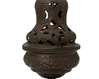 2071
Late 18th/19th century
A California Mission Silver Censer
Inscribed: La Pusima [sic] Consepsion; further stamped with hallmark: M; further stamped with indecipherable hallmarks
The footed censer with molded and chased floral and foliate motifs featuring and openwork top of scrolled acanthus motif
8.325" H x 4.325" Dia.
19 oz. troy approximately
Estimate: $5,000 - $7,000